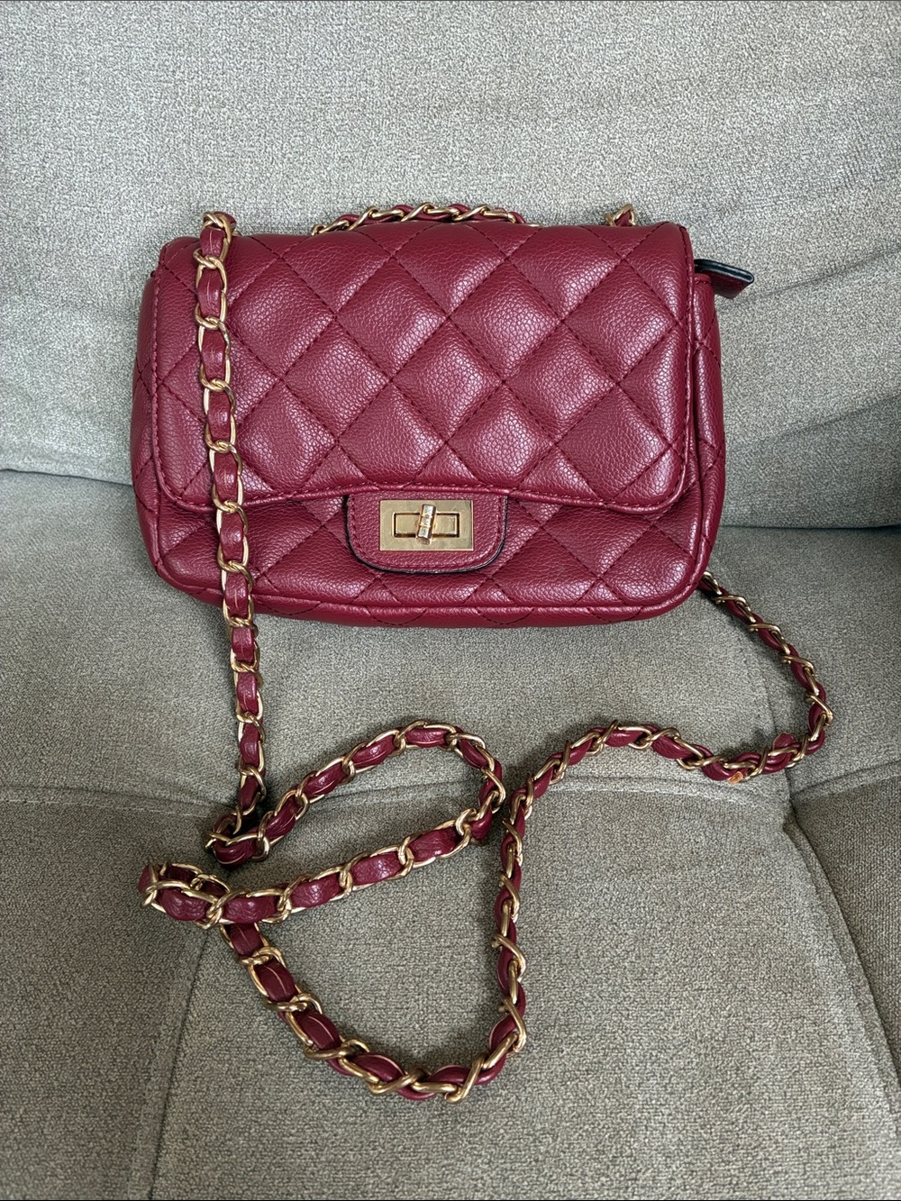 Quilted Leather Burgundy Crossbody Bag with Chain Strap